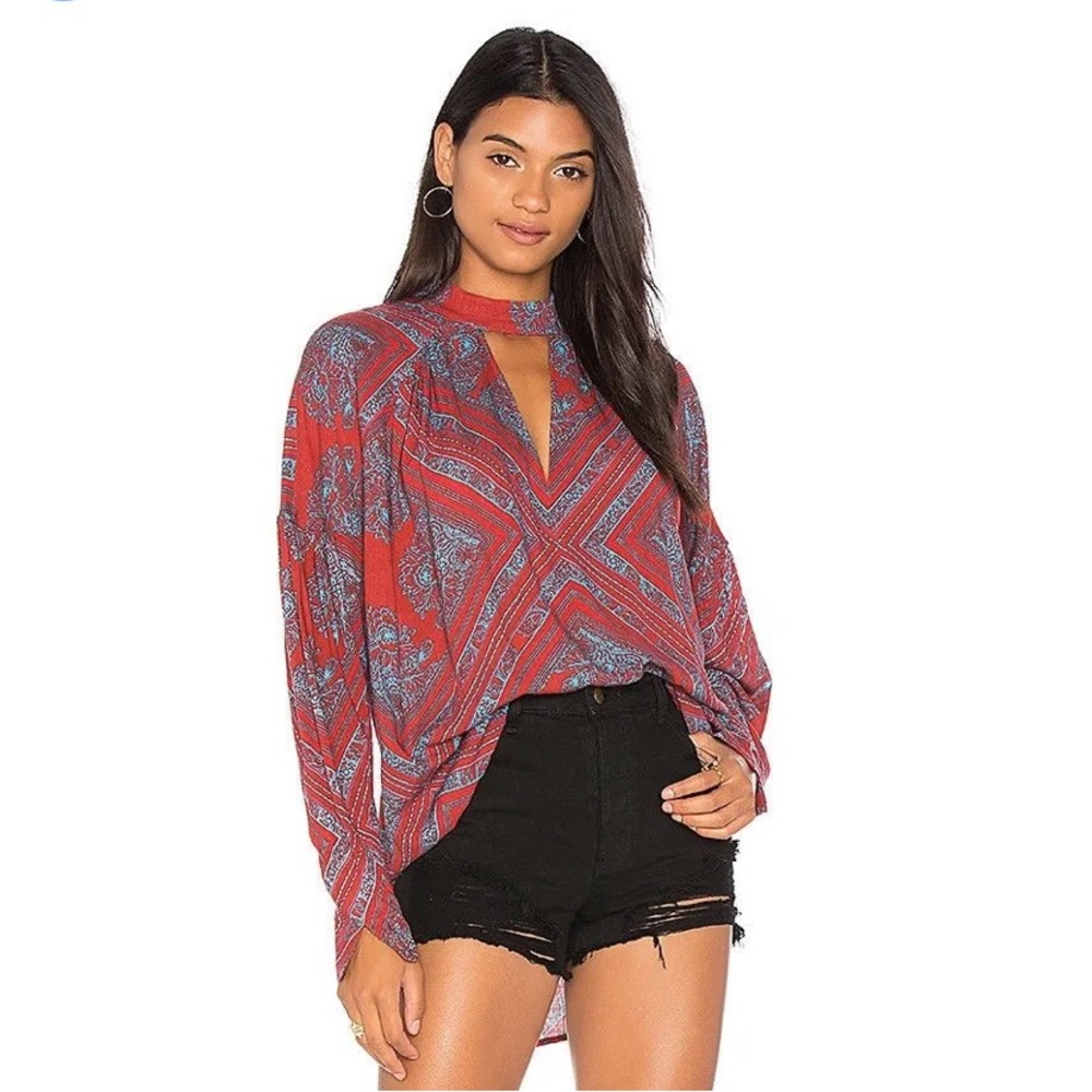 Free People Walking On A Dream Keyhole Plunge Red Blouse Shirt - Size XS